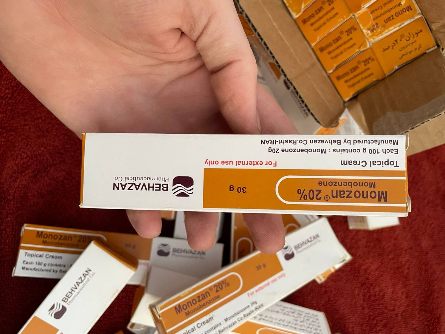 Monozan 20% monobenzone cream boxes in warehouse stock, real photo