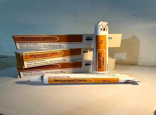 Monozan 20% monobenzone cream multiple boxes and tube Behvazan Pharmaceutical