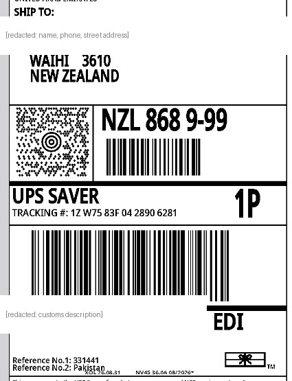 UPS shipping label for order to Waihi, New Zealand