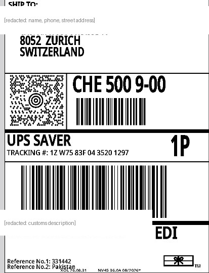 UPS shipping label for order to Zurich, Switzerland